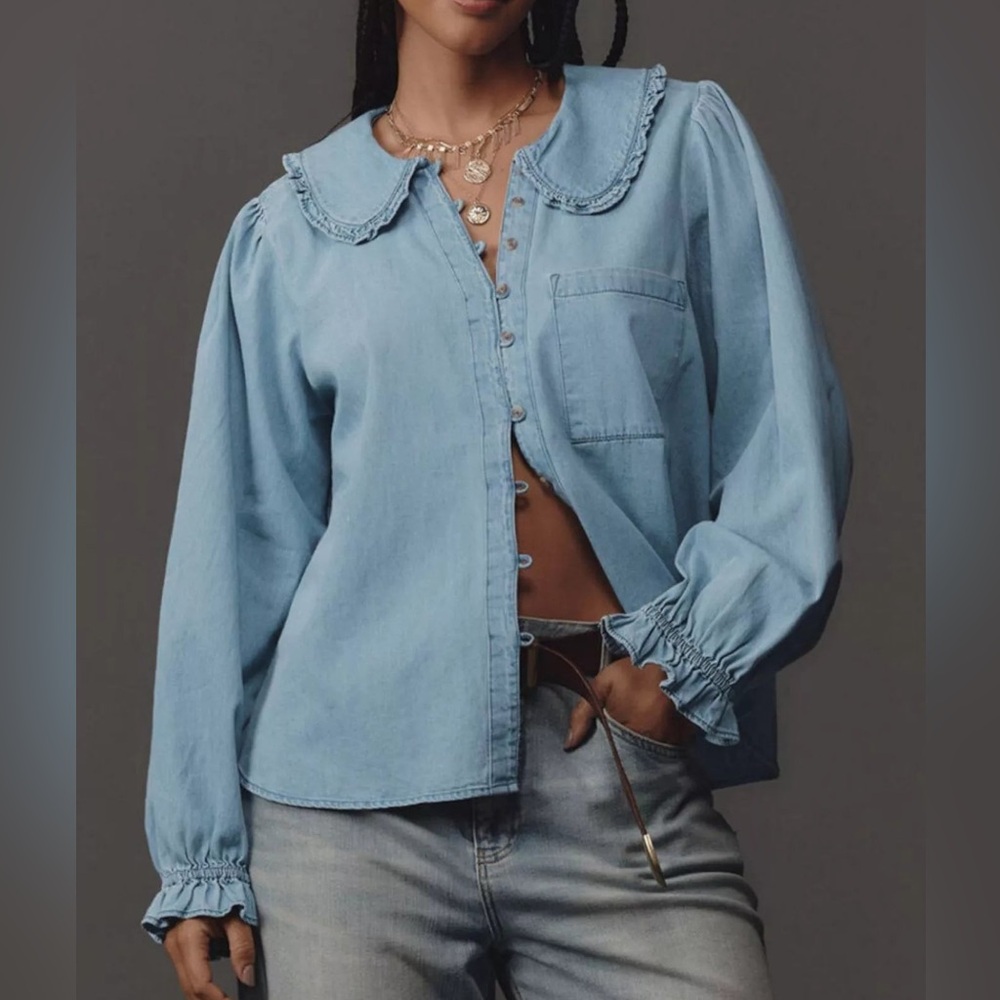 Peter Pan Collar Ruffled Denim Shirt